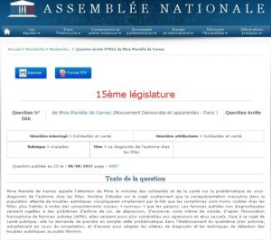 Question écrite à l’Assemblée Nationale sur le sous-diagnostic des filles autistes