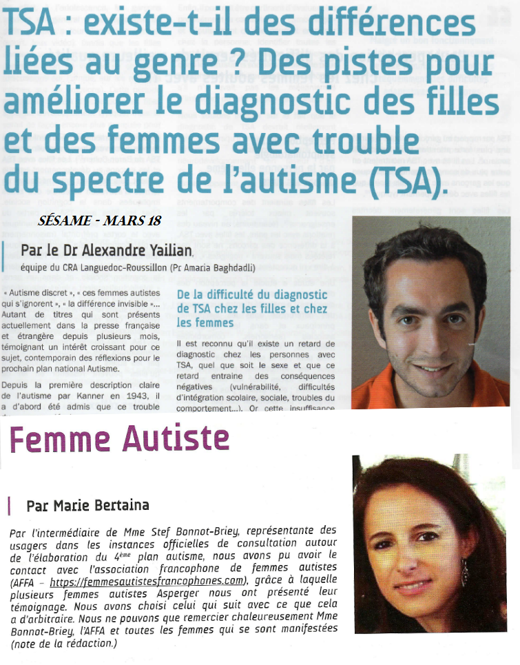 L’autisme au féminin, revue Sésame : article du Dr A. Yailian & Témoignage de Marie Bertaina