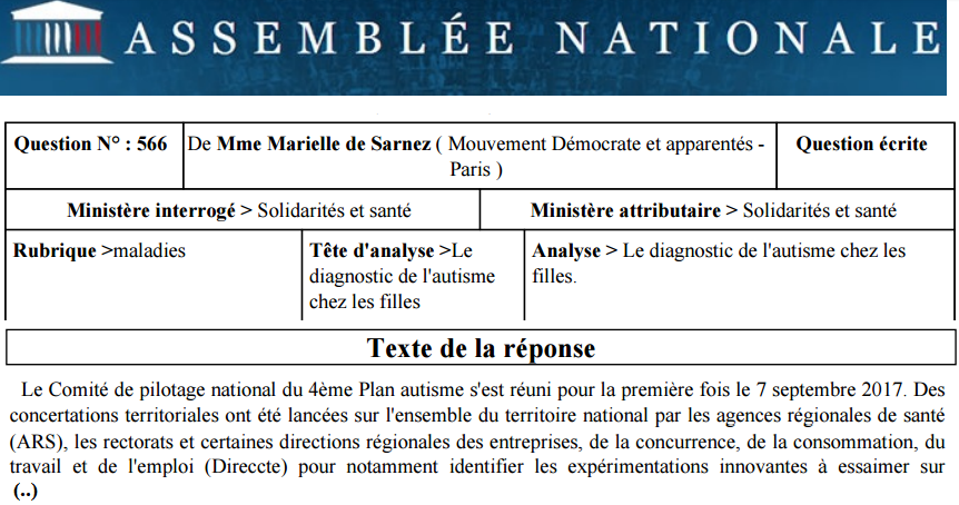 Le gouvernement répond à la question écrite portant sur le sous-diagnostic des filles autistes