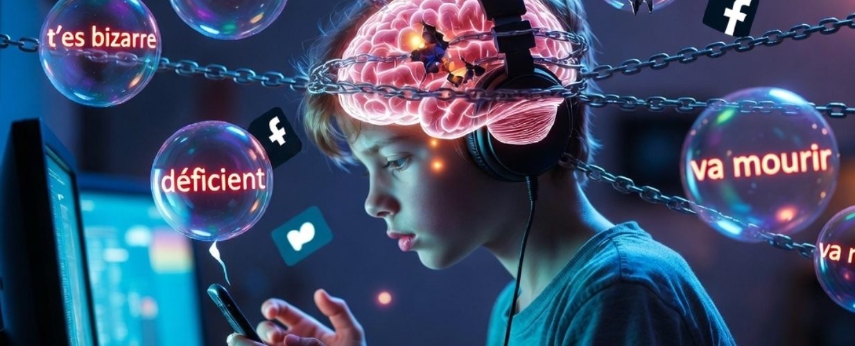 Un adolescent neurodivergent, casque sur les oreilles, est assis dans une chambre sombre éclairée par son écran et son téléphone. Au-dessus de sa tête flotte un cerveau holographique rose-violet entouré de chaînes métalliques. Des bulles toxiques contenant des messages de harcèlement (« t’es bizarre », « déficient », « va mourir ») et des logos de réseaux sociaux brisés l’encerclent. Ambiance cyberpunk lourde et oppressante en tons bleus et violets.