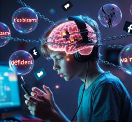 Un adolescent neurodivergent, casque sur les oreilles, est assis dans une chambre sombre éclairée par son écran et son téléphone. Au-dessus de sa tête flotte un cerveau holographique rose-violet entouré de chaînes métalliques. Des bulles toxiques contenant des messages de harcèlement (« t’es bizarre », « déficient », « va mourir ») et des logos de réseaux sociaux brisés l’encerclent. Ambiance cyberpunk lourde et oppressante en tons bleus et violets.