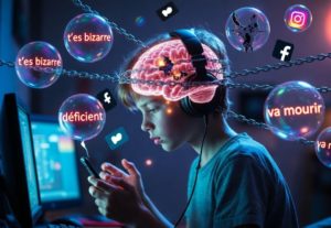 Un adolescent neurodivergent, casque sur les oreilles, est assis dans une chambre sombre éclairée par son écran et son téléphone. Au-dessus de sa tête flotte un cerveau holographique rose-violet entouré de chaînes métalliques. Des bulles toxiques contenant des messages de harcèlement (« t’es bizarre », « déficient », « va mourir ») et des logos de réseaux sociaux brisés l’encerclent. Ambiance cyberpunk lourde et oppressante en tons bleus et violets.